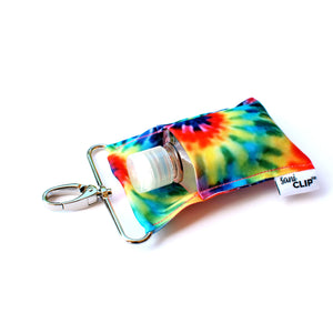 Multi color standard size hand sanitizer holder with silver clip.