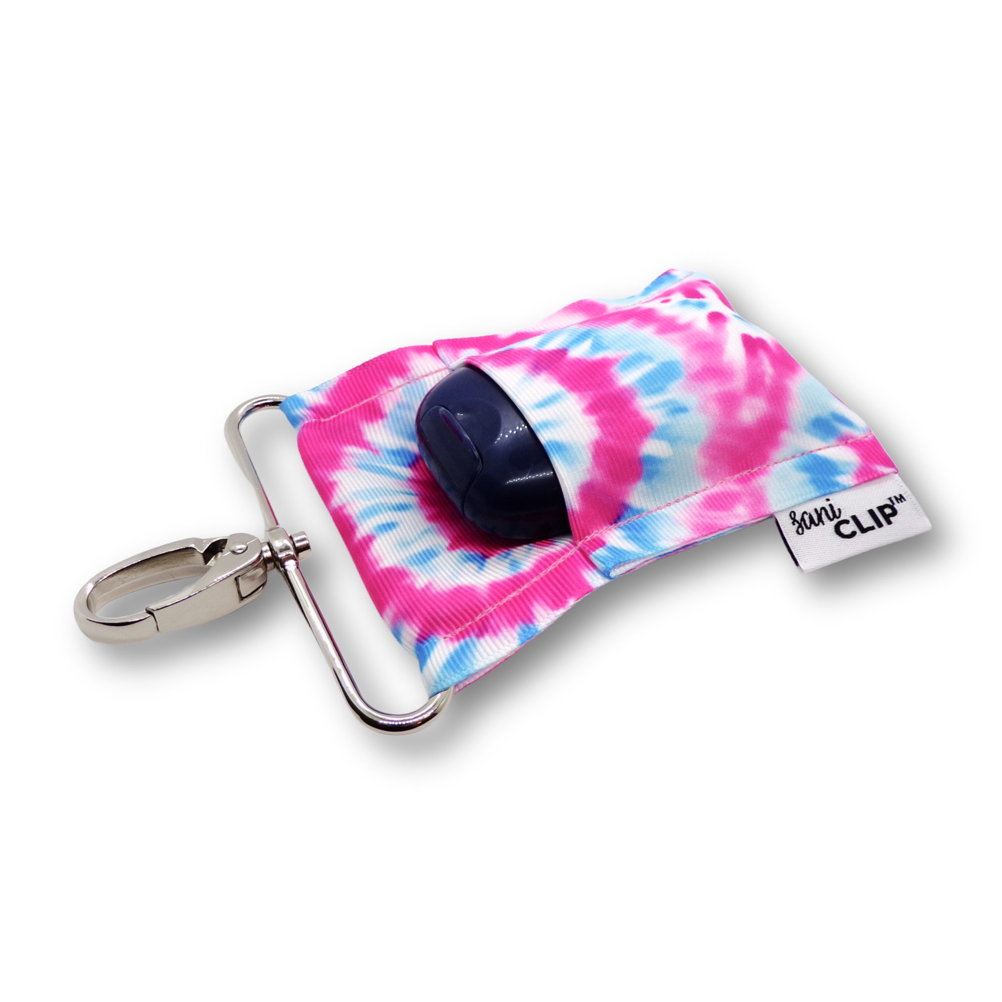 Pink tie dye mini hand sanitizer holder with silver clip.